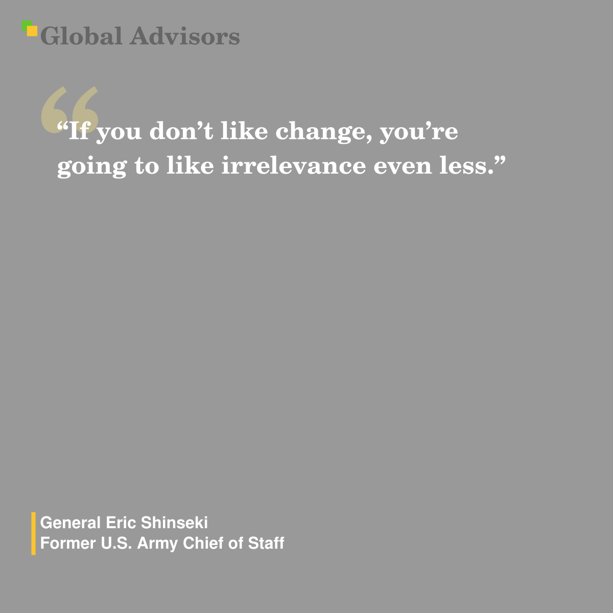“If you don’t like change, you’re going to like irrelevance even less.” - Quote: General Eric Shinseki - Former U.S. Army Chief of Staff