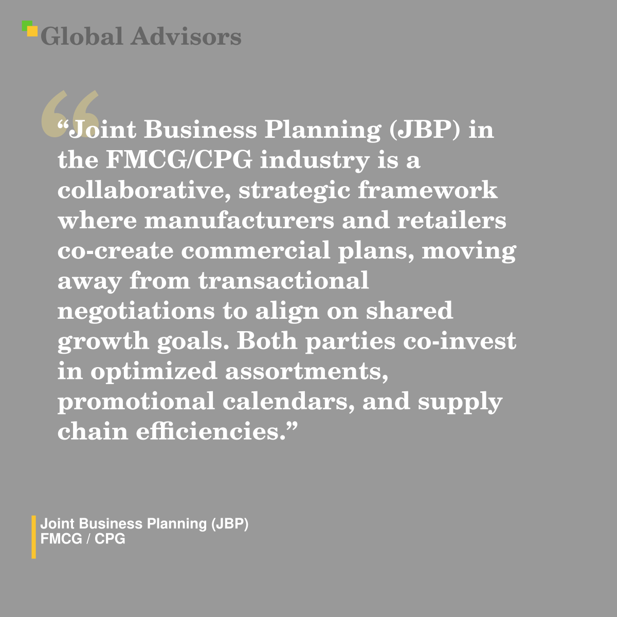 "Joint Business Planning (JBP) in the FMCG/CPG industry is a collaborative, strategic framework where manufacturers and retailers co-create commercial plans, moving away from transactional negotiations to align on shared growth goals. Both parties co-invest in optimized assortments, promotional calendars, and supply chain efficiencies." - Term: Joint Business Planning (JBP) - FMCG / CPG