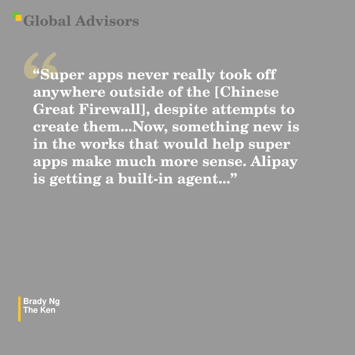 "Super apps never really took off anywhere outside of the [Chinese Great Firewall], despite attempts to create them...Now, something new is in the works that would help super apps make much more sense. Alipay is getting a built-in agent..." - Quote: Brady Ng - The Ken