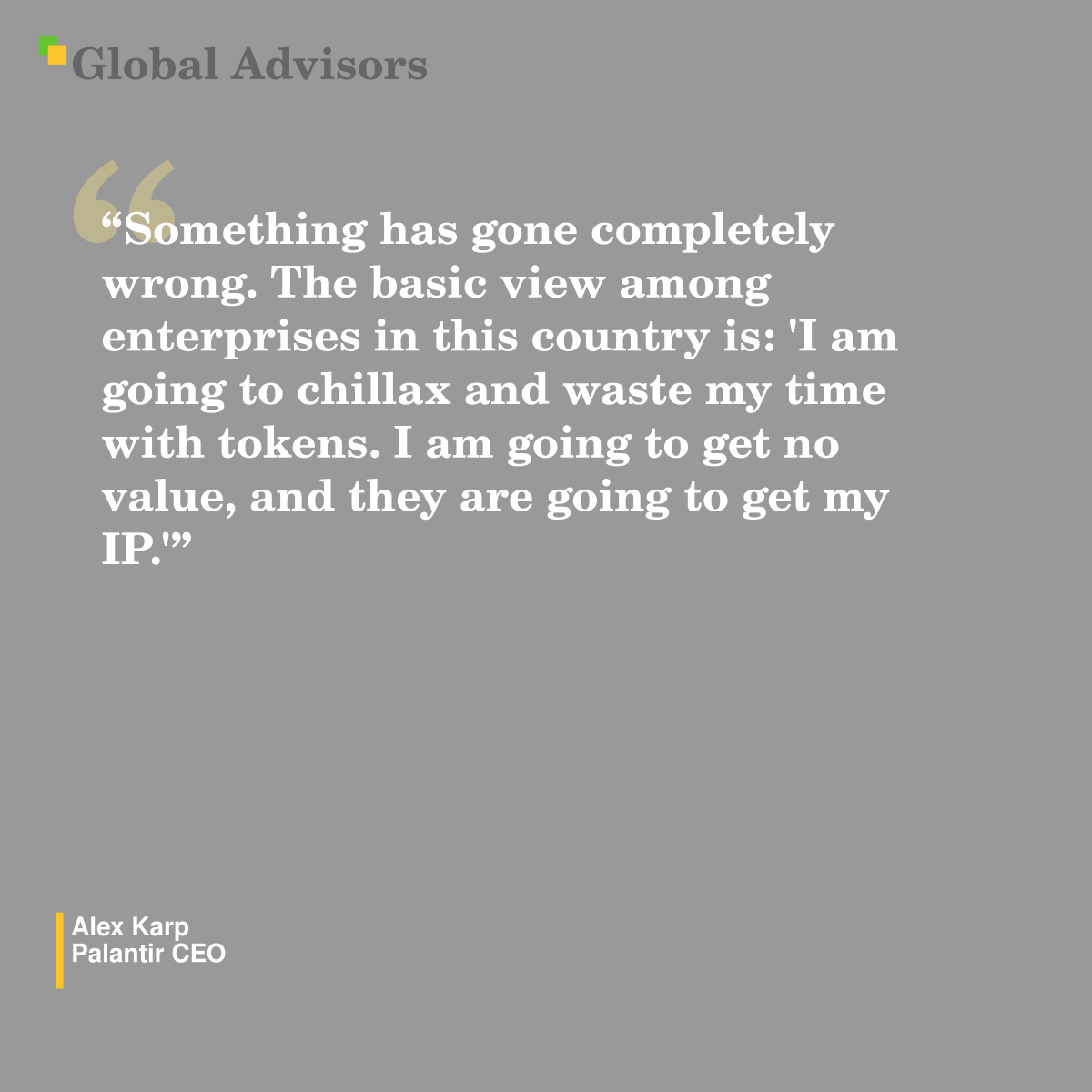 "Something has gone completely wrong. The basic view among enterprises in this country is: 'I am going to chillax and waste my time with tokens. I am going to get no value, and they are going to get my IP.'" - Quote: Alex Karp - Palantir CEO