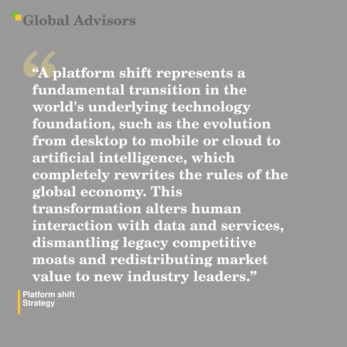 "A platform shift represents a fundamental transition in the world's underlying technology foundation, such as the evolution from desktop to mobile or cloud to artificial intelligence, which completely rewrites the rules of the global economy. This transformation alters human interaction with data and services, dismantling legacy competitive moats and redistributing market value to new industry leaders." - Term: Platform shift - Strategy