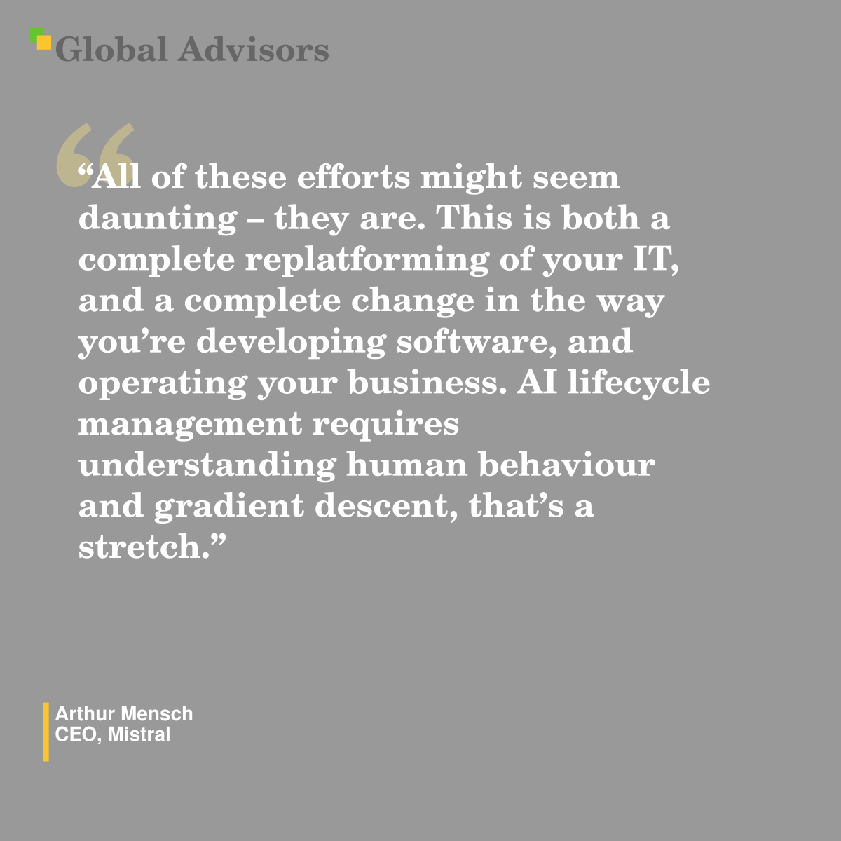 "All of these efforts might seem daunting – they are. This is both a complete replatforming of your IT, and a complete change in the way you’re developing software, and operating your business. AI lifecycle management requires understanding human behaviour and gradient descent, that’s a stretch." - Quote: Arthur Mensch - CEO, Mistral