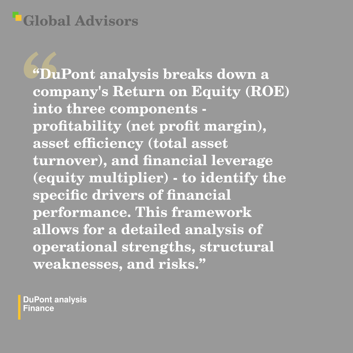 "DuPont analysis breaks down a company's Return on Equity (ROE) into three components - profitability (net profit margin), asset efficiency (total asset turnover), and financial leverage (equity multiplier) - to identify the specific drivers of financial performance. This framework allows for a detailed analysis of operational strengths, structural weaknesses, and risks." - Term: DuPont analysis - Finance