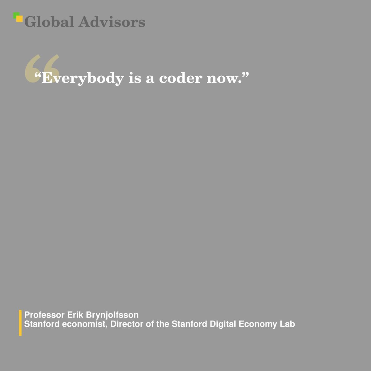 "Everybody is a coder now." - Quote: Professor Erik Brynjolfsson - Stanford economist, Director of the Stanford Digital Economy Lab
