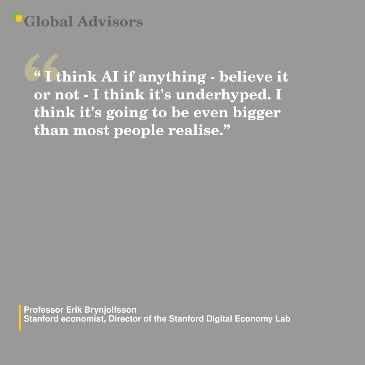 " I think AI if anything - believe it or not - I think it's underhyped. I think it's going to be even bigger than most people realise." - Quote: Professor Erik Brynjolfsson - Stanford economist, Director of the Stanford Digital Economy Lab