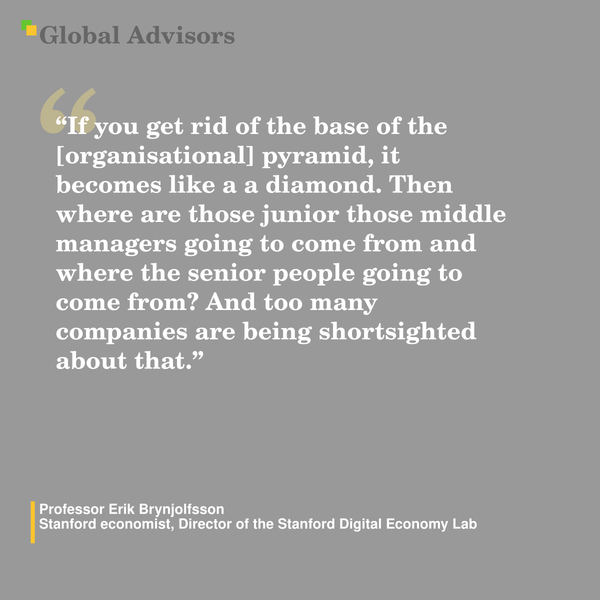 "If you get rid of the base of the [organisational] pyramid, it becomes like a a diamond. Then where are those junior those middle managers going to come from and where the senior people going to come from? And too many companies are being shortsighted about that." - Quote: Professor Erik Brynjolfsson - Stanford economist, Director of the Stanford Digital Economy Lab