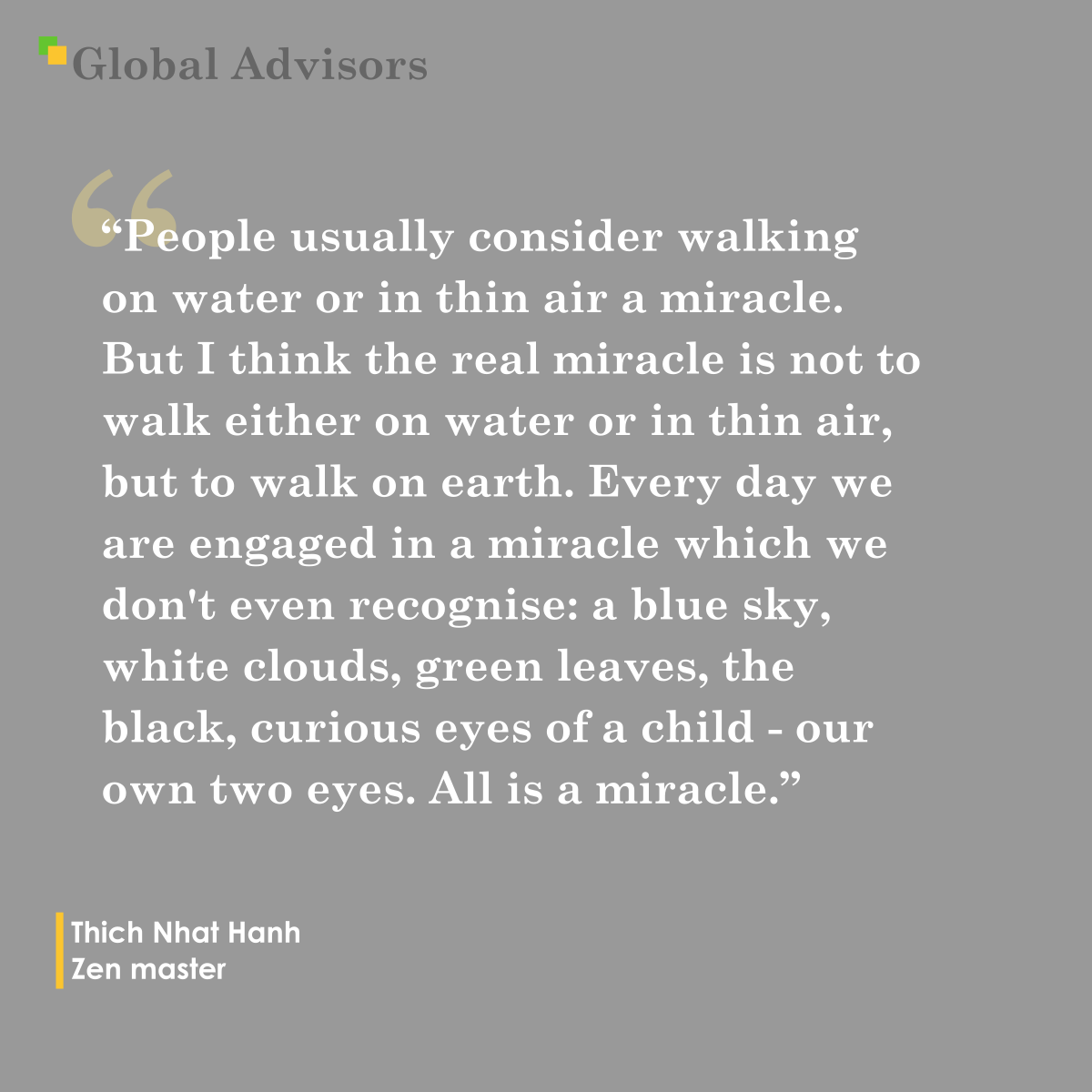"People usually consider walking on water or in thin air a miracle. But I think the real miracle is not to walk either on water or in thin air, but to walk on earth. Every day we are engaged in a miracle which we don’t even recognise: a blue sky, white clouds, green leaves, the black, curious eyes of a child—our own two eyes. All is a miracle.” - Quote: Thích Nh?t H?nh - Zen master
