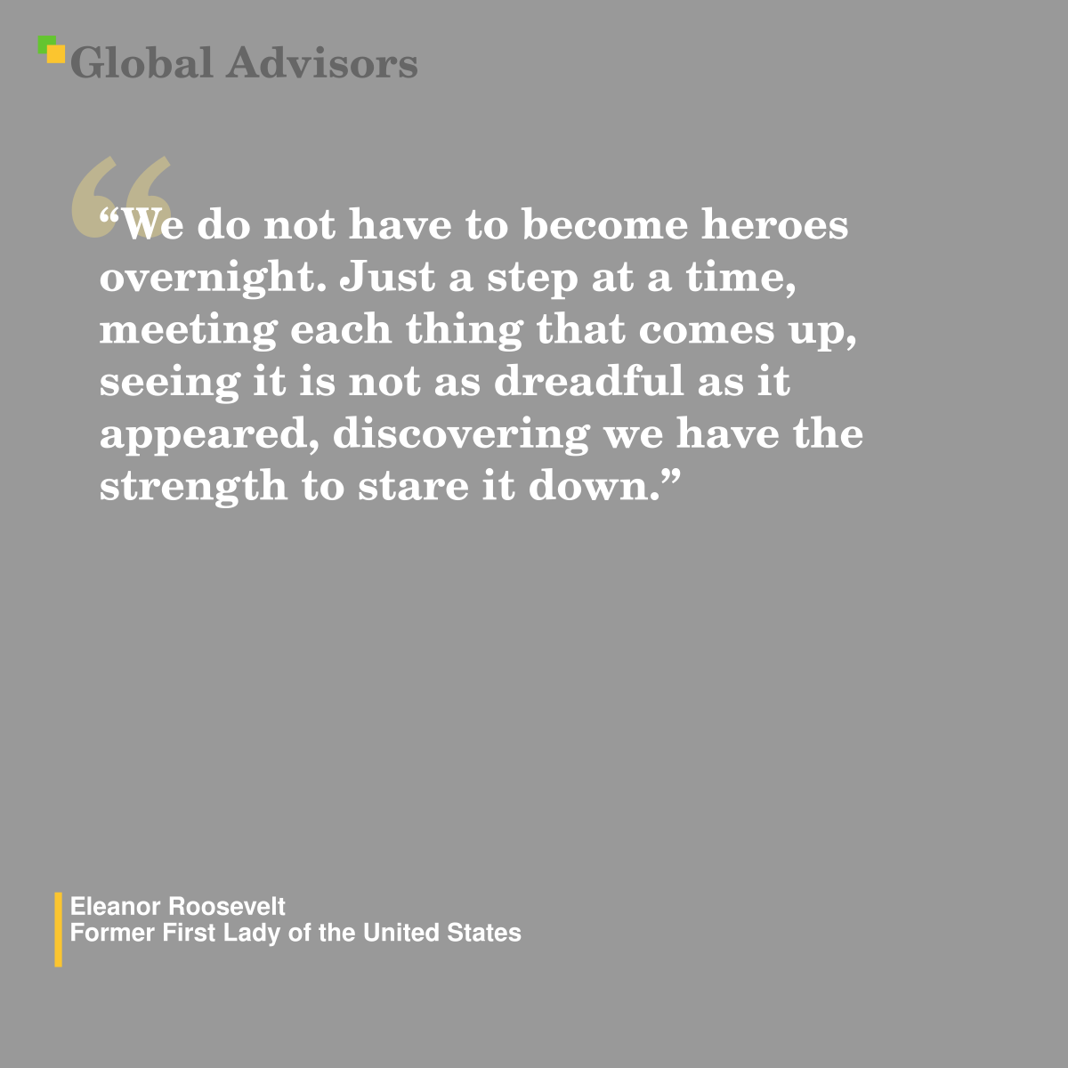 "We do not have to become heroes overnight. Just a step at a time, meeting each thing that comes up, seeing it is not as dreadful as it appeared, discovering we have the strength to stare it down." - Quote: Eleanor Roosevelt - Former First Lady of the United States