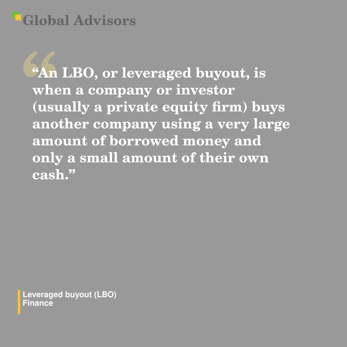 "An LBO, or leveraged buyout, is when a company or investor (usually a private equity firm) buys another company using a very large amount of borrowed money and only a small amount of their own cash." - Term: Leveraged buyout (LBO) - Finance
