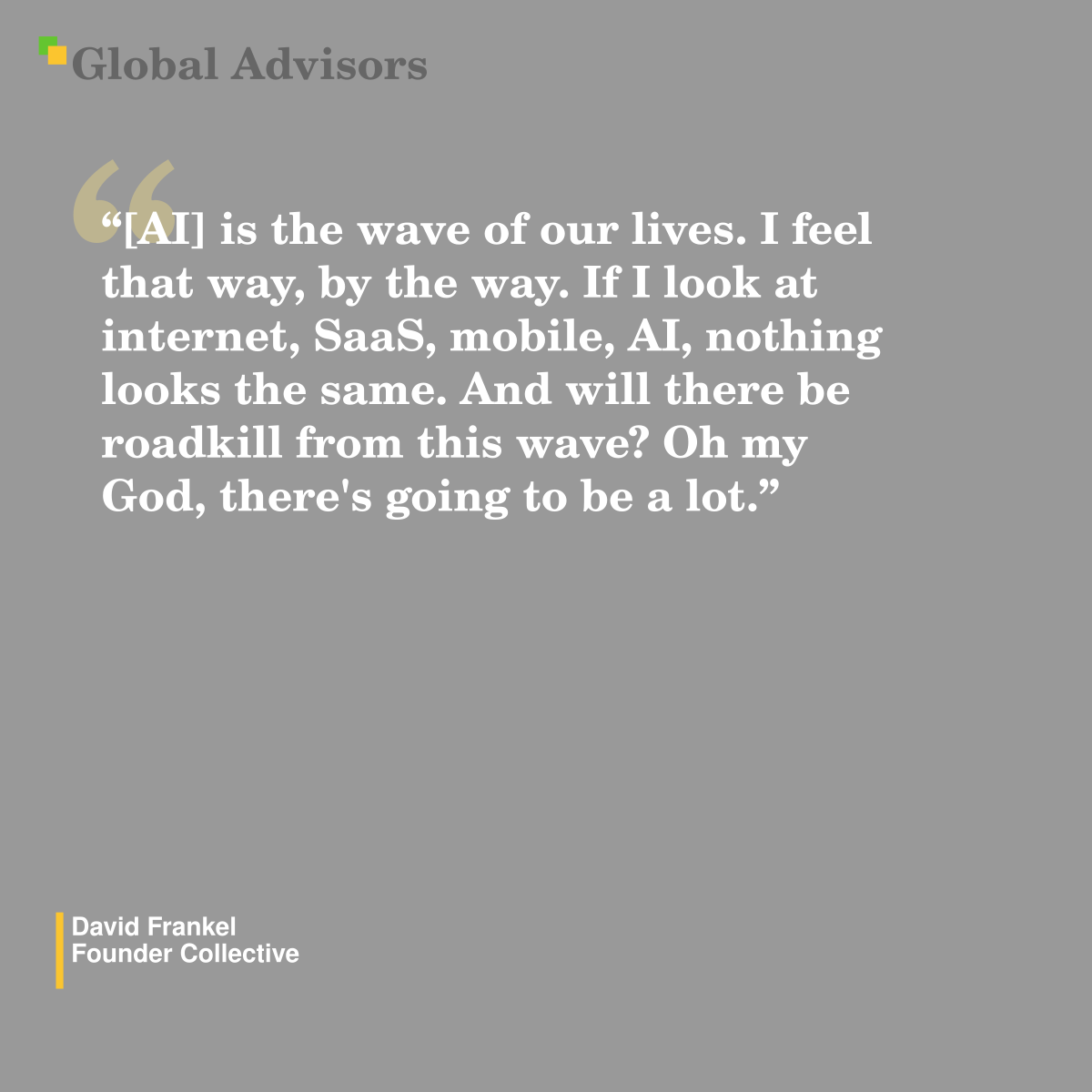 “[AI] is the wave of our lives.  I feel that way, by the way. If I look at internet, SaaS, mobile, AI, nothing looks the same. And will there be roadkill from this wave? Oh my God, there's going to be a lot.” - Quote: David Frankel - Founder Collective