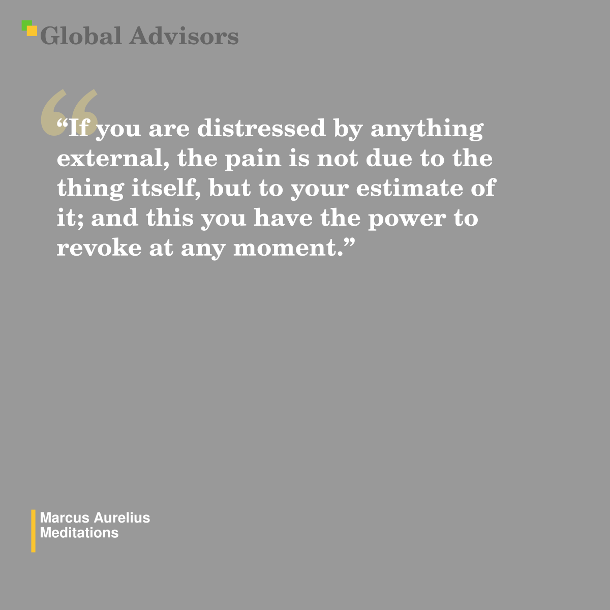 “If you are distressed by anything external, the pain is not due to the thing itself, but to your estimate of it; and this you have the power to revoke at any moment.” - Quote: Marcus Aurelius - Meditations