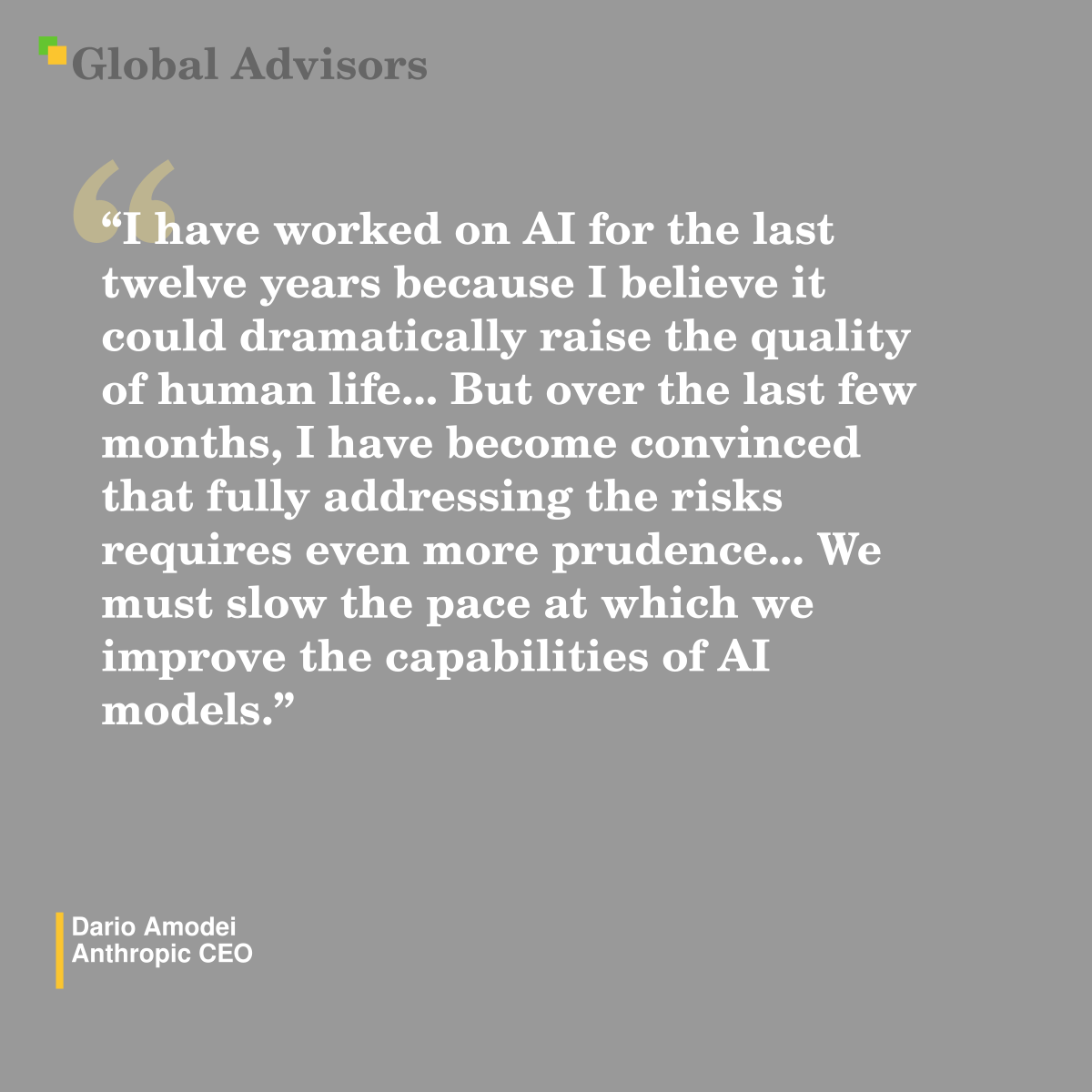 "I have worked on AI for the last twelve years because I believe it could dramatically raise the quality of human life... But over the last few months, I have become convinced that fully addressing the risks requires even more prudence... We must slow the pace at which we improve the capabilities of AI models." - Quote: Dario Amodei - Anthropic CEO