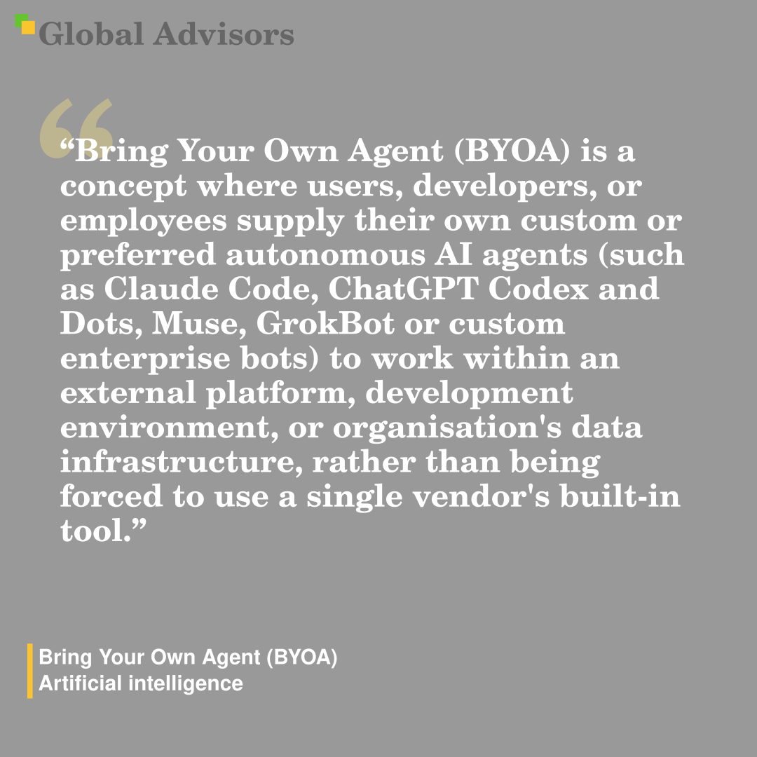 "Bring Your Own Agent (BYOA) is a concept where users, developers, or employees supply their own custom or preferred autonomous AI agents (such as Claude Code, ChatGPT Codex and Dots, Muse, GrokBot or custom enterprise bots) to work within an external platform, development environment, or organisation's data infrastructure, rather than being forced to use a single vendor's built-in tool." - Term: Bring Your Own Agent (BYOA) - Artificial intelligence