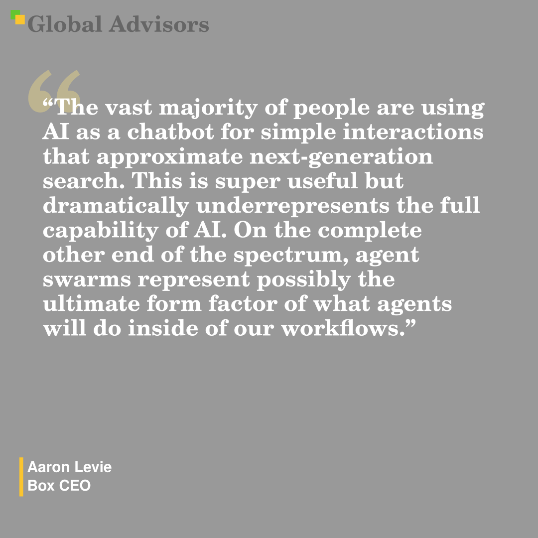 "The vast majority of people are using AI as a chatbot for simple interactions that approximate next-generation search. This is super useful but dramatically underrepresents the full capability of AI. On the complete other end of the spectrum, agent swarms represent possibly the ultimate form factor of what agents will do inside of our workflows." - Quote: Aaron Levie - Box CEO