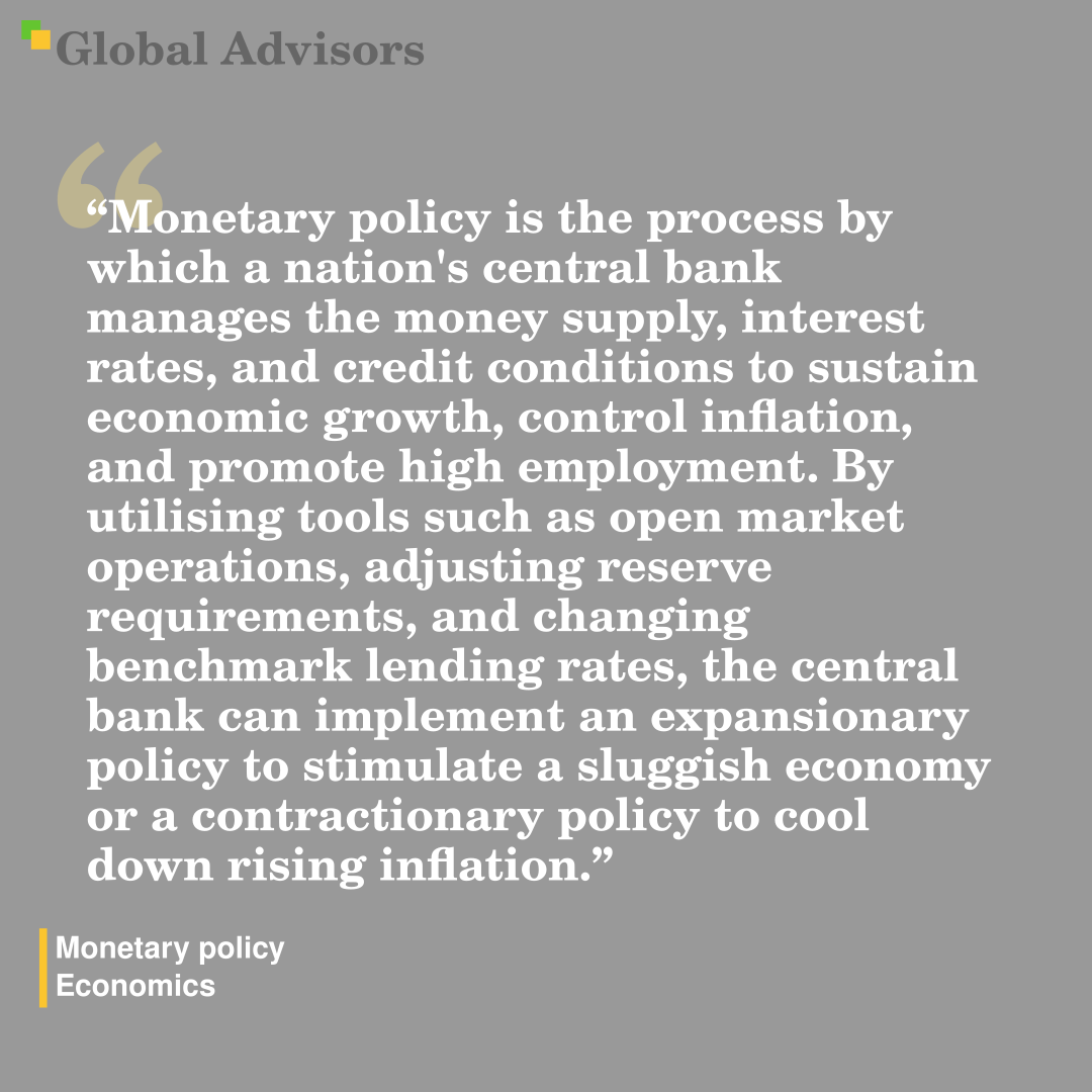 "Monetary policy is the process by which a nation's central bank manages the money supply, interest rates, and credit conditions to sustain economic growth, control inflation, and promote high employment. By utilising tools such as open market operations, adjusting reserve requirements, and changing benchmark lending rates, the central bank can implement an expansionary policy to stimulate a sluggish economy or a contractionary policy to cool down rising inflation." - Term: Monetary policy - Economics